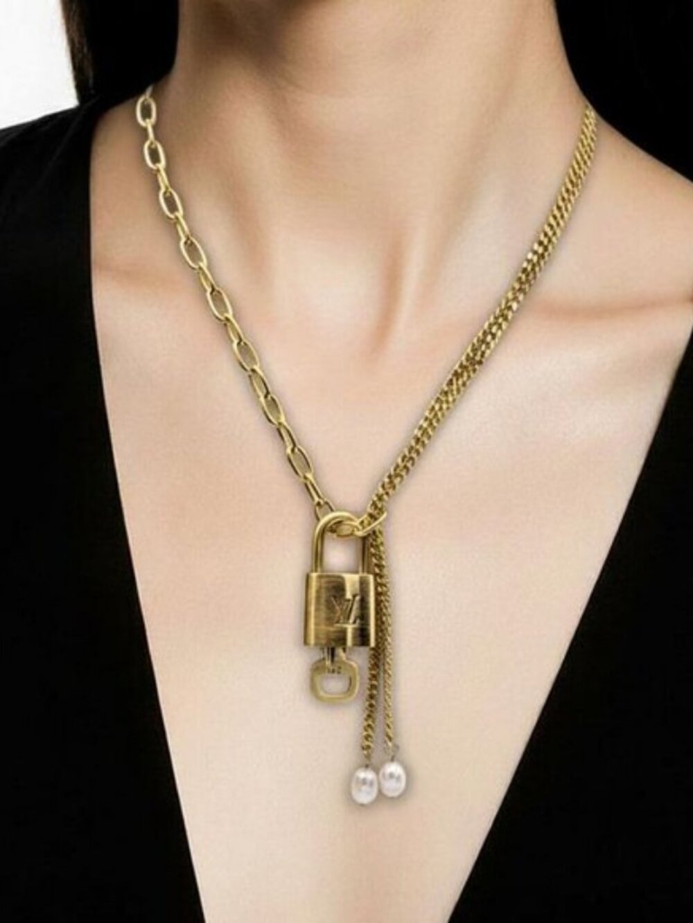 Stainless Steel Gold-Plated Necklace with Authentic Louis Vuitton Padlock
